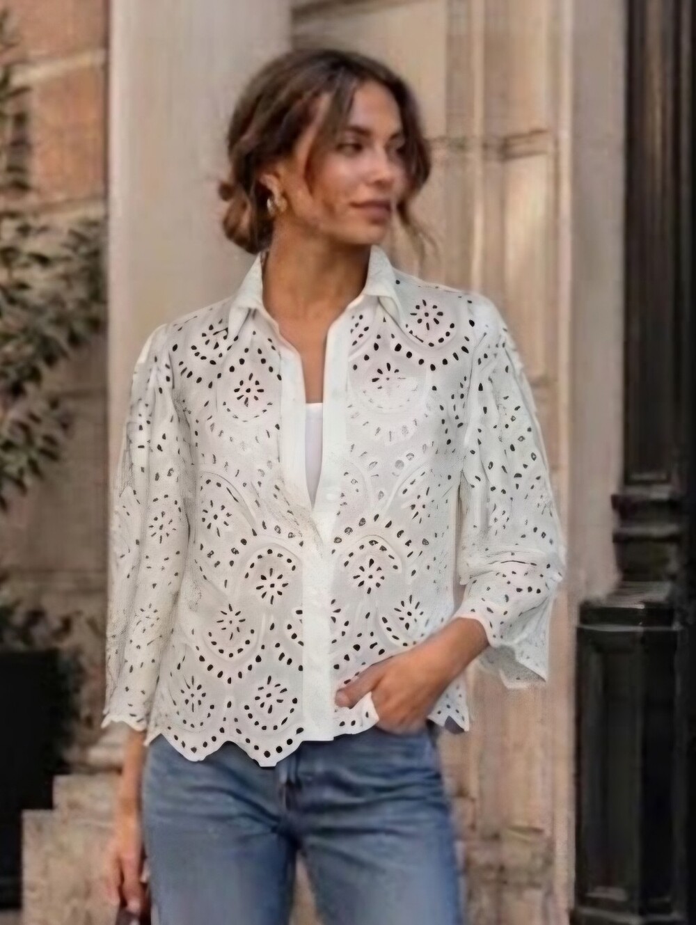 Melanie Lyne White Eyelet Embroidered Cotton Blouse Scalloped 3/4 Sleeve Sz 8